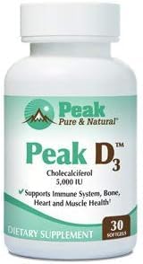 Peak Pure &amp Natural Peak D3 - Calciferol Vitamin D3 5000 IU - Immune Support - Support Heart Health - Boost Energy - Daily Vitamin for Adults | 30 Capsules