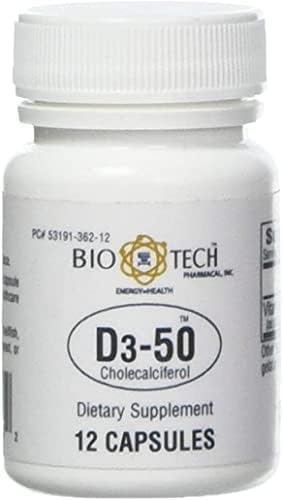 Bio-Tech Pharmacal D3-50 50000 IU 12 Capsules – All-Natural Supplement – Supports Bone &amp Immune Health – No Dairy Fish Gluten Peanut Shellfish &amp Soy