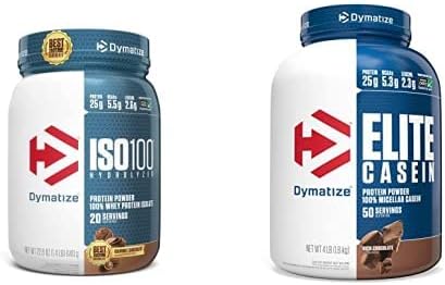 Dymatize ISO100 Hydrolyzed Protein Powder 25g of 100% Whey Isolate Protein Gourmet Chocolate 20 Servings Elite Casein Protein Powder 100% Micellar Casein Rich Chocolate 4 Pound