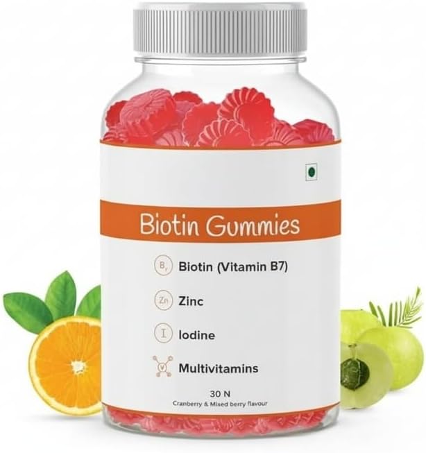 GHC Biotin Hair Gummies - 30 Gummies | 30 Days Pack | Enriched with Biotin Vitamin A C E &amp Zinc | Added Sugar | Keeps Hair Healthy &amp Strong | Cranberry Flavored |100% Vegetarian