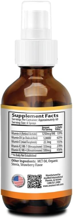 Vitamin D3 K2 5000 IU Liquid Spray with Organic MCT Oil Vitamin A (Retinol) 1250mcg K2 (MK4 MK7) Promotes Heart Bones Immune System. 100% Vegan Non-GMO No Sugar Added (2oz) (Strawberry)