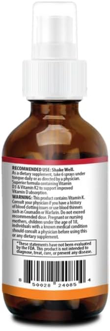 Vitamin D3 K2 10000 IU Liquid Spray with Organic MCT Oil Vitamin A (Retinol) 1250mcg K2 (MK4MK7) Promotes Heart Bones Immune System. 100% Vegan Non-GMO Gluten-Free No Sugar Added (2oz)