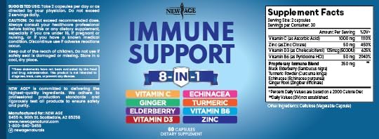 NEW AGE 8 in 1 Immune Support Booster Supplement with Echinacea Vitamin C and Zinc 50mg Vitamin D 5000 IU Turmeric Curcumin &amp Ginger B6 Elderberry 120 Count (Pack of 2)