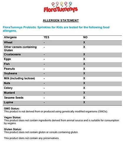 FloraTummys Probiotics for Kids: 30 Taste-Free Powder Packets Free of Food Allergens Non-Dairy Gluten Free Sugar Free Non-GMO Vegan