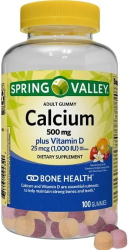 Spring Valley Calcium 500 mg Plus Vitamin D 25 mcg Bone Health Dietary Supplement Gummies 100 Count + DRI Store Sticker.