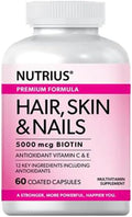 Nutrius Hair Skin &amp Nails 5000 mcg Biotin with Antioxidant Vitamin C &amp E - 60 Coated Capsules
