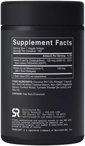 Sports Vitamin D3 K2 with 5000iu of Plant-Based D3 &amp 100mcg of Vitamin K2 as MK-7 Non-GMO Verified &amp Vegan Certified - 160 Liquid Softgels