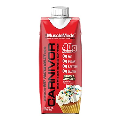 MuscleMeds Carnivor RTD Ready to Drink Protein Lactose Free Sugar Free 40g Isolate Protein Muscle Building Recovery Vanilla Cupcake 16.9 Fl Oz Liquid (Pack of 12)