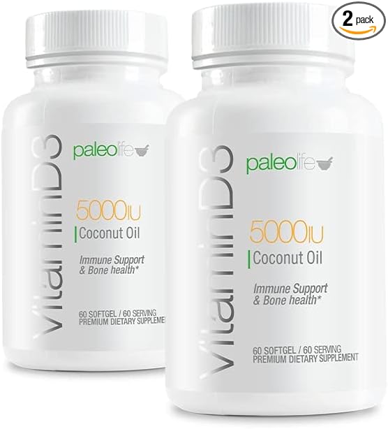 Premium Vitamin D3 5000 IU- New Formula: Paleo Life Vitamin D3 5000iu Premium High Potency with Coconut Oil - 60 Capsules. (2-Pack)
