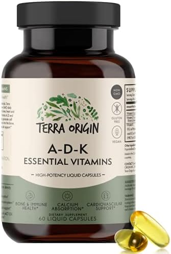 TERRA ORIGIN ADK Essential Vitamin Supplement | 60 Liquid Capsules | High Potency Vitamin A D 5000 IU K1 and K2 | Non GMO Gluten Free Vegan Made in USA