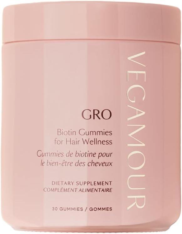 VEGAMOUR GRO Biotin Gummies Strawberry Flavor with 5000 mcg Biotin Supports Healthy Hair Vegan Gummies with Vitamins A B C E B-12 &amp More 30 Ct