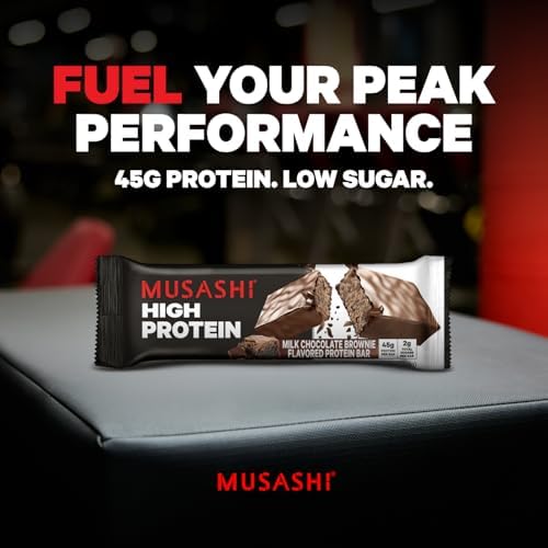 MUSASHI High Protein Bar 45g Protein 2g Total Sugars Milk Chocolate Brownie Post Workout and Protein Snack On The Go 12 Pack of 3.2oz (90g) Bars
