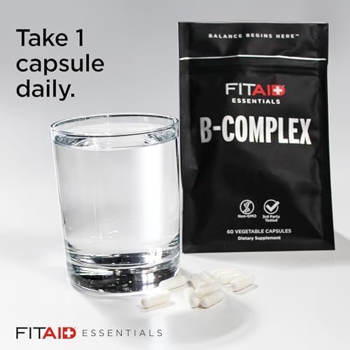 FITAID B-Complex Capsules Methylated B Vitamins (B1 B2 B3 B6 B12 Folate Biotin) for Weightlifting Running Cycling Energy Metabolism 2 Month Supply 60 Count Veggie Capsules