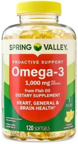 Spring Valley Omega-3 Soft Gels 1000mg Natural Lemon Flavor 120 Count – Supports Heart Brain &amp Immune Health