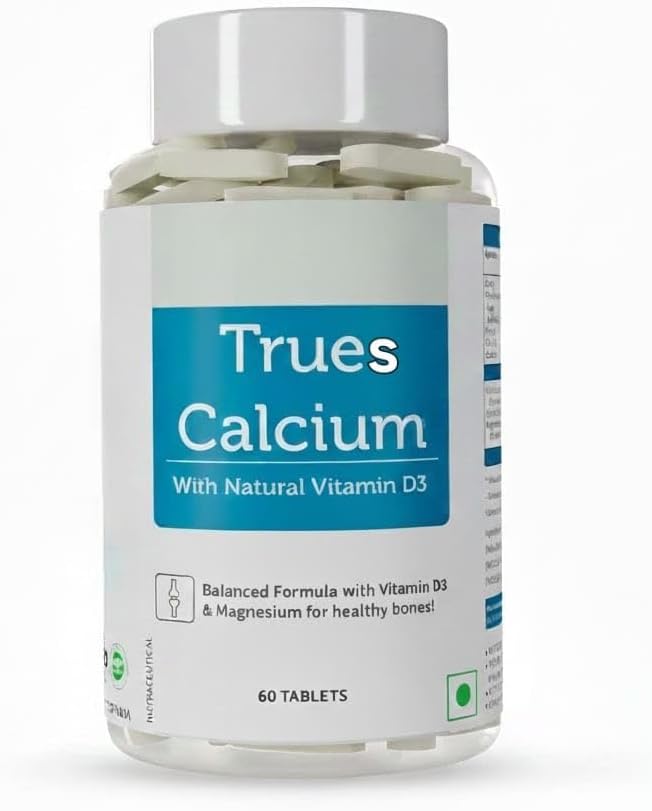 Tru Calcium 1000mg Supplement for Men &amp Women with Plant Based Vitamin D3 &amp Natural Magnesium for Healthy Bones - 60 Vegan Tablets