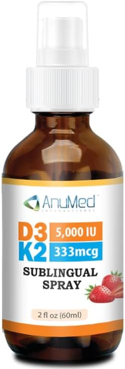 Vitamin D3 K2 5000 IU Liquid Spray with Organic MCT Oil Vitamin A (Retinol) 1250mcg K2 (MK4 MK7) Promotes Heart Bones Immune System. 100% Vegan Non-GMO No Sugar Added (2oz) (Strawberry)