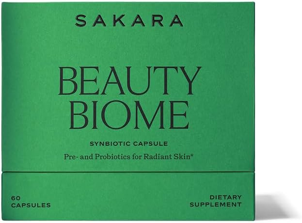 SAKARA Beauty Biome – Daily Synbiotic Supplement for Skin + Gut Health with Probiotic Dermaval Vitamins A D E Antioxidants Prebiotics &amp Enzymes – for Clear Radiant Hydrated Skin – 60 Capsu