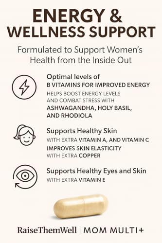 Raise Them Well Mom Multi+ Daily Multivitamin for Women with Active Folate Adaptogens &amp Bacopa Energy Stress &amp Cognitive Support 120 Veggie Capsules