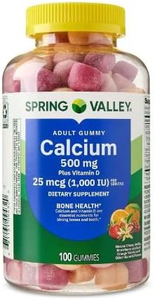 Spring Valley Calcium 500 mg Plus Vitamin D 25 mcg Bone Health Dietary Supplement Gummies 100 Count + DRI Store Sticker.