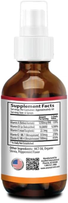 Vitamin D3 K2 10000 IU Liquid Spray with Organic MCT Oil Vitamin A (Retinol) 1250mcg K2 (MK4MK7) Promotes Heart Bones Immune System. 100% Vegan Non-GMO Gluten-Free No Sugar Added (2oz)