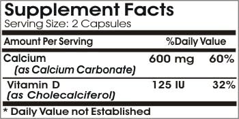Calcium Carbonate 600mg / Vitamin D 125IU // 100 Capsules // Pure // by PureControl Supplements