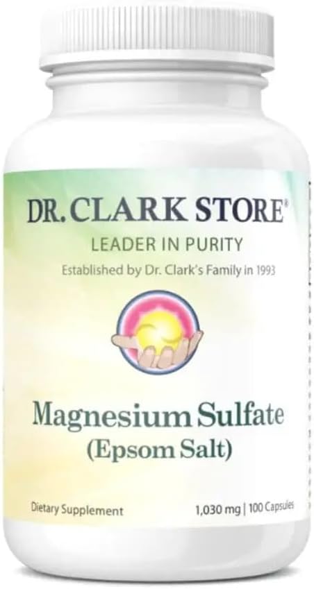 Dr. Clark Magnesium Sulfate USP (Epsom Salt): 1030 mg Magnesium Supplement for Digestive Support and Wellness 100 Gelatin Capsules