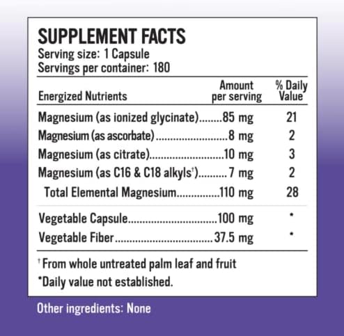 Alkaline for Life Ionized Magnesium Glycinate Citrate Ascorbate Supplement 4 Forms Alkalizing Magnesium Complex for Absorption Bone Muscle &amp Sleep Support Professional Grade Non-GMO 60 Capsule