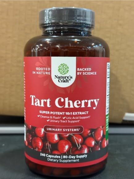 Natures Craft Extra Strength Tart Cherry Capsules - Tart Cherry Extract Capsules for Uric Acid Cleanse for Kidney Support - Fruit Extract Supplement for Urinary Tract Health &amp Joint Support - 240