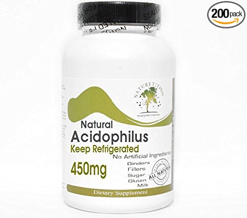 Natural Acidophilus 450mg - 500 Million Live Active Cultures - Keep Refrigerated ~ 200 Capsules - No Additives ~ Naturetition Supplements