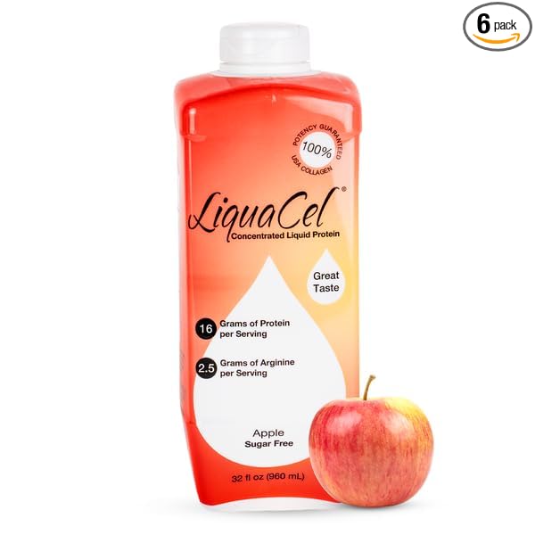 LiquaCel Concentrated Liquid Protein Apple Flavor Ready-to-Drink 16g Hydrolyzed Collagen Protein and 2.5g Arginine Per 1oz Serving Sugar &amp Gluten Free 32 fl oz Bottle Case of 6