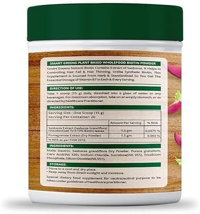 Generic Plant Based Wholefood Biotin Powder High-Potency Hair Nutrition Hair Fall Premature Greying Hair Growth Healthy Scalp and Skin &amp Nails Health - 300gm