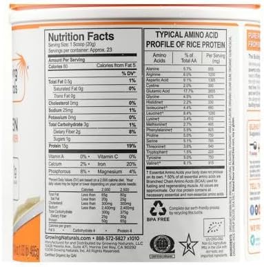 Growing Natural Naturals Protein Rice Powder Vanilla 16.4 oz