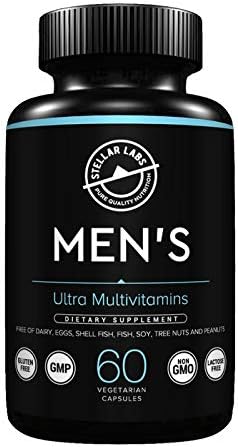 Stellar Labs Men's Low FODMAP Vegan Daily Multivitamin No Iron | Easy On Sensitive Stomachs Easy to Swallow Vitamins | Immune Support Antioxidant Energy Blend Male Support | IBS Friendly Capsules
