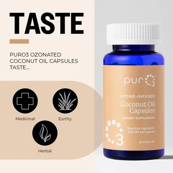 PurO3 Coconut Oil Capsules - High Potency Pure Ozonated Oils for Immune Support &amp Wellness Benefits - Organic Oxygen Infused Supplement - 90 Veggie Softgels