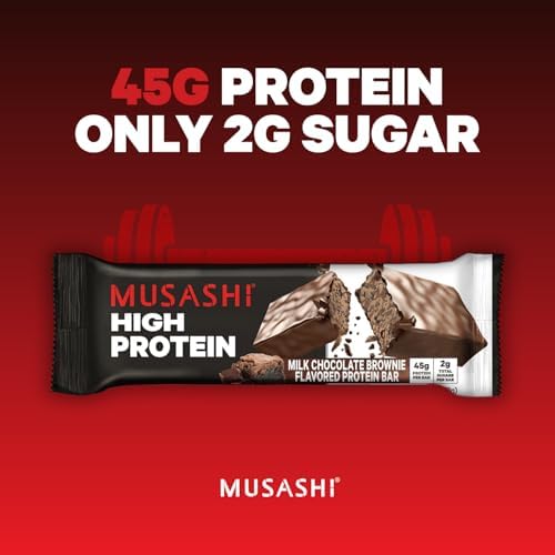 MUSASHI High Protein Bar 45g Protein 2g Total Sugars Milk Chocolate Brownie Post Workout and Protein Snack On The Go 12 Pack of 3.2oz (90g) Bars