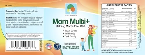 Raise Them Well Mom Multi+ Daily Multivitamin for Women with Active Folate Adaptogens &amp Bacopa Energy Stress &amp Cognitive Support 120 Veggie Capsules