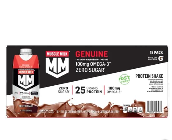 Muscle Milk Protein Shake - Chocolate Flavor - 18 Pack (11 oz each) - Zero Sugar No Milk 100 mg Omega-3 (DHA &amp ALA) Bonus Massage Roller Stick ( Color May Very )