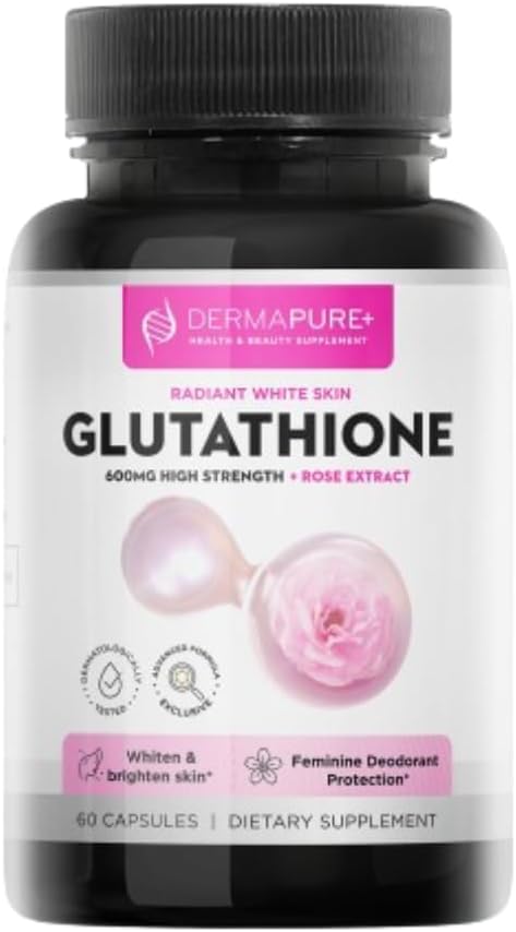 Dermapure Glutathione Whitening Pills 2-in-1 600mg with Rose Oil Extract – Skin Lightening &amp Deodorant Supplement - Dark Spots Acne Scars &amp Hyperpigmentation – Made in USA 60 Capsules (1 Pa