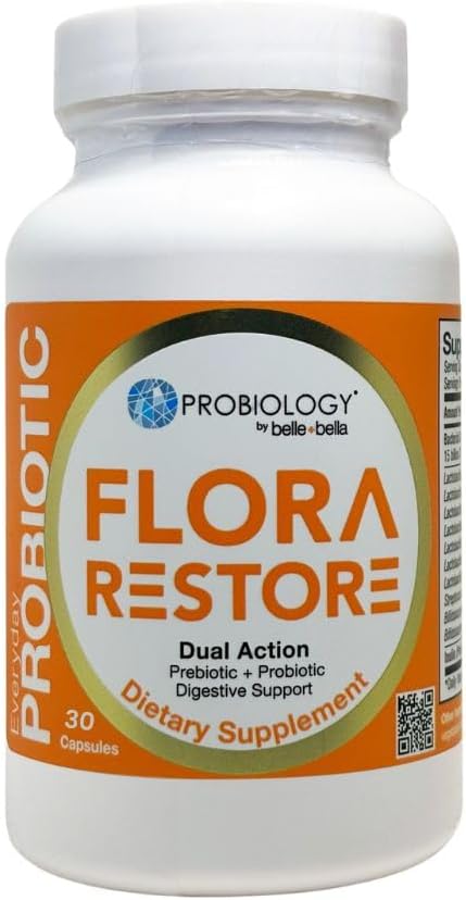 belle+bella Flora Restore Daily Probiotic - 15 Billion Live Cultures - Probiotics &amp Prebiotics for Digestive &amp Gut Health - Immune Support - Promotes Regularity - Vegan &amp Gluten Free - 30