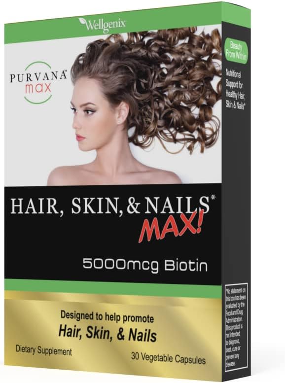 Wellgenix Purvana MAX Hair Skin and Nails Supplement – 5000mcg Biotin with MSM &amp B-Complex – Supports Thicker Hair Stronger Nails &amp Glowing Skin – 60 Veggie Capsules (2 Pack)
