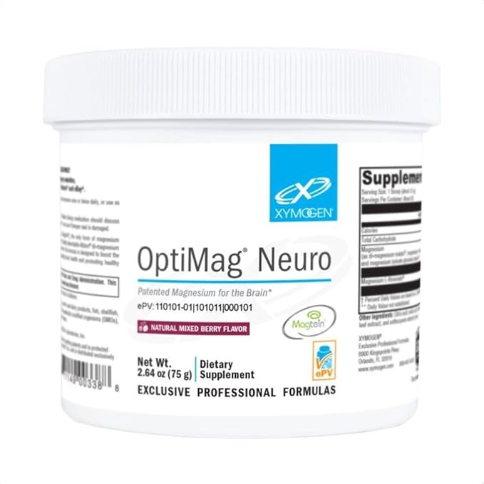 XYMOGEN OptiMag Neuro - Brain Health &amp Relaxation Support - Magnesium Glycinate &amp L-Threonate - Chelated Magnesium Powder - Mixed Berry Flavor - 2.64 Oz