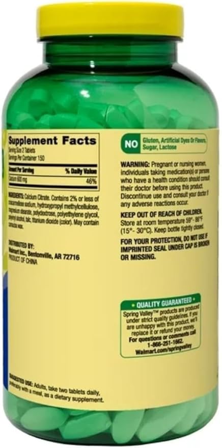 Spring Valley Calcium Citrate Tablets Dietary Supplement for Bone &amp Joint Health 600 mg 300 Count