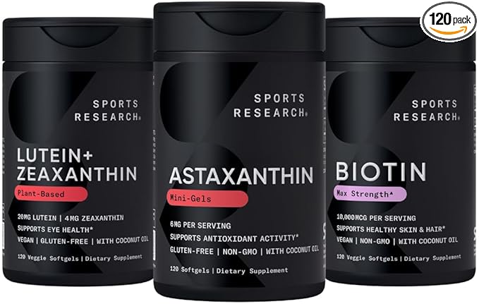 Sports Research Biotin (B7) 10000mcg + Lutein + Zeaxanthin (20mg) + Astaxanthin Supplement from Algae (6mg) - All Vegan | 120 Softgels Each | All Made with Coconut Oil for Better Absorption