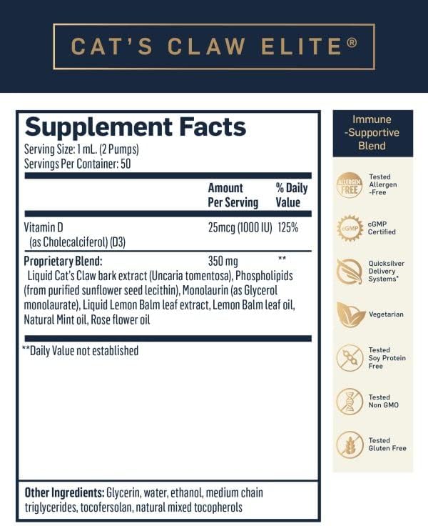 Quicksilver Scientific Nanoemulsified Cat's Claw - Liquid Immune Support Supplement with Uncaria tomentosa 1000 IU Vitamin D + Monolaurin - Vegan + Superior Liposomal Absorption (1.7oz / 50ml)