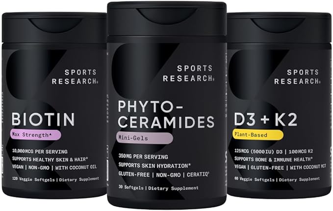 Sports Research Skin Health Bundle - Vitamin D3 K2 with Coconut Oil Vegan Biotin 10000mcg with Coconut Oil &amp Phytoceramides 350mg per Softgel Plant Derived Ceramides for Healthy Skin and Hydrati