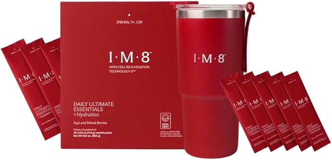 IM8 Daily Ultimate Essentials All-in-One Multivitamin Supplement 92 Nutrient Rich Ingredients CoQ10 Probiotics Vitamins Greens GF Acai Mixed Berry (30 Servings Travel Packs - Tumbler Included)