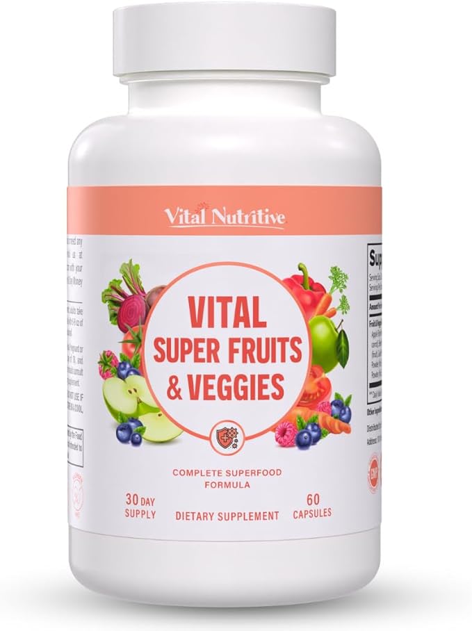 Vital Super Fruits &amp Veggies - Daily Superfood Capsules for Adults - Fruit and Veggies Supplement to Boost Immunity &amp Energy - 2-in-1 Formula for Overall Wellness - Fruit and Vegetable Capsule