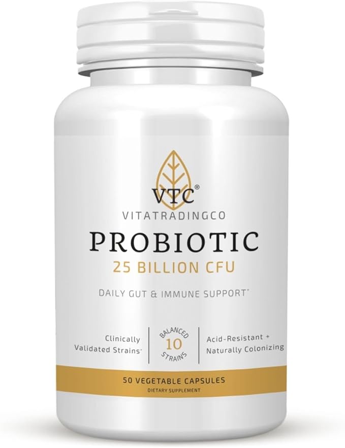 VTC VitaTradingCo. Probiotic 25 Billion CFU | 10 Clinically Validated Strains | Naturally Colonizing | Daily Gut Digestive &amp Immune Support | 50 Veggie Capsules
