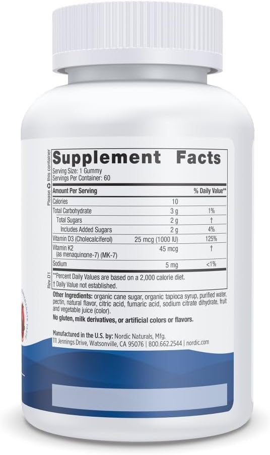 Nordic Naturals Vitamin D3 + K2 Gummies Pomegranate - 60 Gummies - 1000 IU Vitamin D3 + 45 mcg K2 - Great Taste - Bone Health Promotes Healthy Muscle Function - Non-GMO - 60 Servings