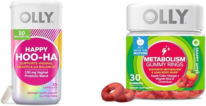 OLLY Happy Hoo-Ha Probiotic for Women Vaginal Health Capsules 25 Count &amp Metabolism Gummy Rings for Energy 30 Count